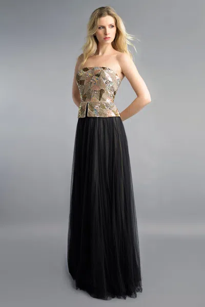 Basix Black Label Sequined Bronze Bodice Tulle Gown In White