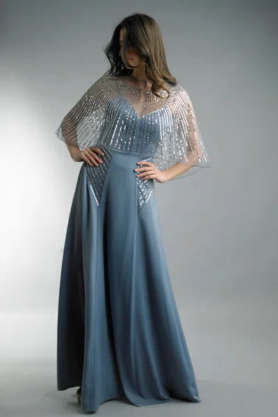 Basix Black Label Sequined Cape Gown In Blue