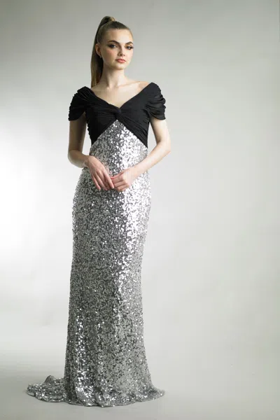 Basix Black Label Sequined Evening Gown In Silver