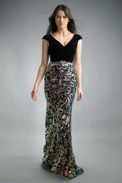 Basix Black Label Sequined Evening Gown With Velvet Top