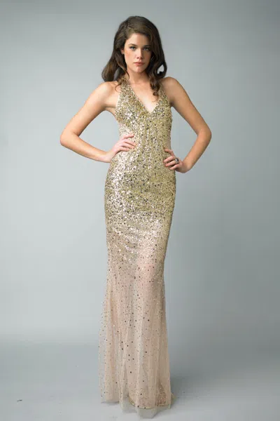 Basix Black Label Sequined Halter Evening Dress In Gold