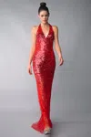 Basix Black Label Sequined Halter Evening Dress In Red