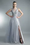 Basix Black Label Sequined Illusion Beaded Gown In Silver