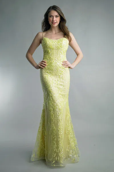 Basix Black Label Sequined Mermaid Spaghetti Strap Gown In Yellow
