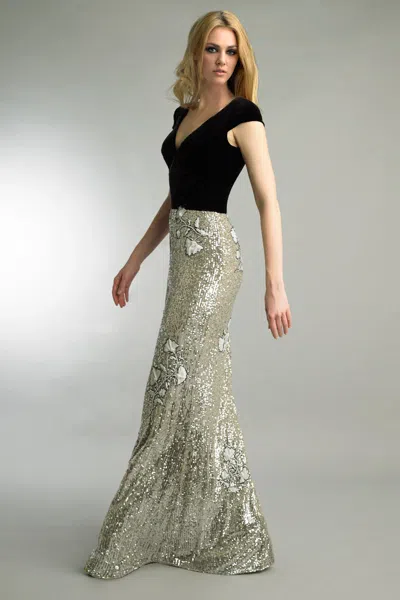 Basix Black Label Sequined Skirt With V Neck Top Evening Dress
