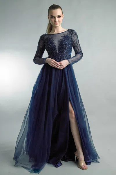 Basix Black Label Sequined Tulle Long-sleeve Evening Gown In Blue