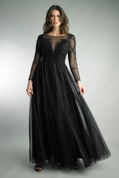 Basix Black Label Sequined Tulle Long-sleeve Evening Gown In Gray