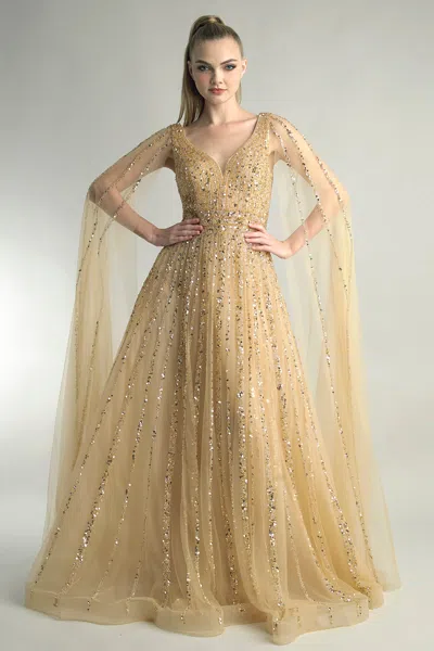 Basix Black Label Sequin-embellished Cape Gown In Forest In Neutral