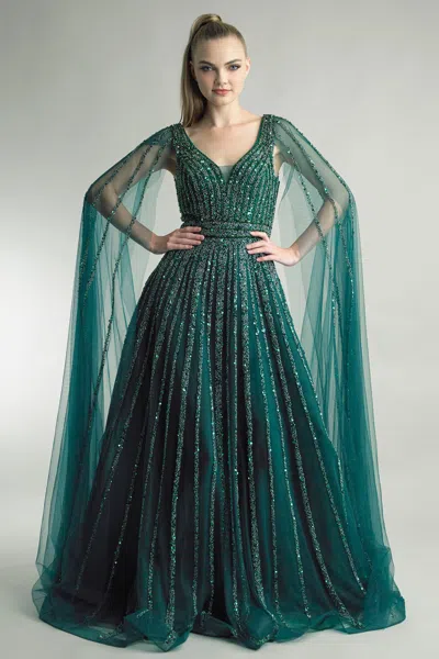 Basix Black Label Sequin-embellished Cape Gown In Forest In Green