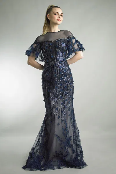Basix Black Label Short Cape Sleeve Embellished Gown In Blue