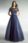 Basix Black Label Short Sleeve Beaded Ballgown In Blue