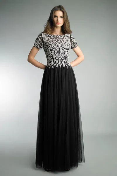 Basix Black Label Short Sleeve Beaded Evening Gown In Black