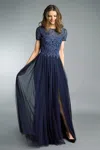 Basix Black Label Short Sleeve Beaded Evening Gown In Blue
