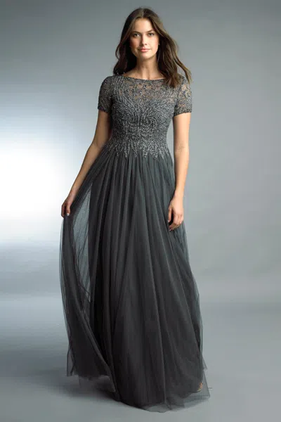 Basix Black Label Short Sleeve Beaded Evening Gown In Multi