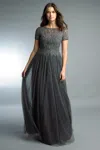 Basix Black Label Short Sleeve Beaded Evening Gown In Pink