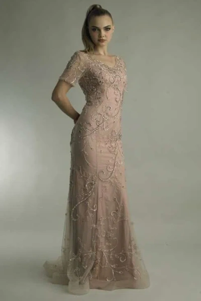 Basix Black Label Short Sleeve Beaded Gown With Train In Pink