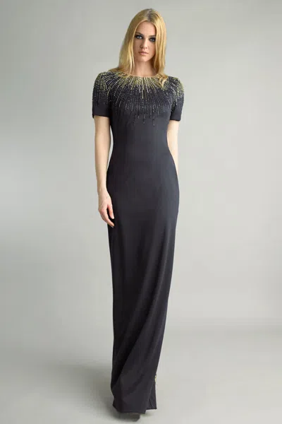 Basix Black Label Short Sleeve Evening Gown With Sequin Motif