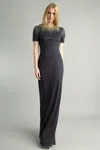 Basix Black Label Short Sleeve Evening Gown With Sequin Motif In Black