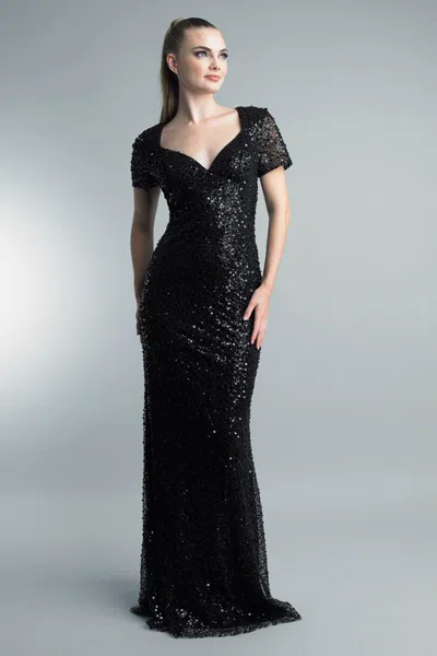 Basix Black Label Short Sleeve Funnel Neck Beaded Gown In Black