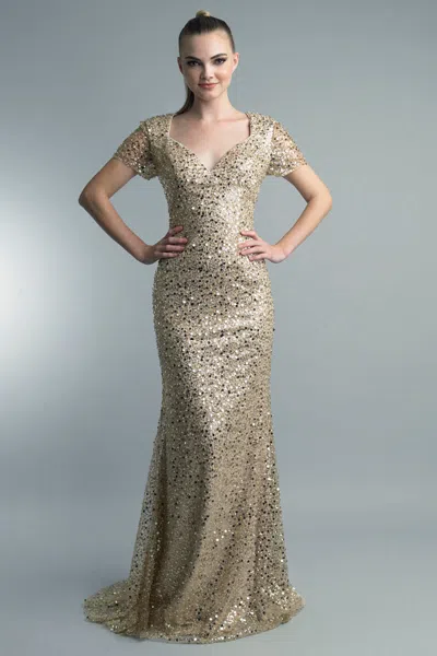 Basix Black Label Short Sleeve Funnel Neck Beaded Gown In Gold