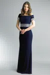 Basix Black Label Short Sleeve Off Shoulder Crystal Embellished Gown