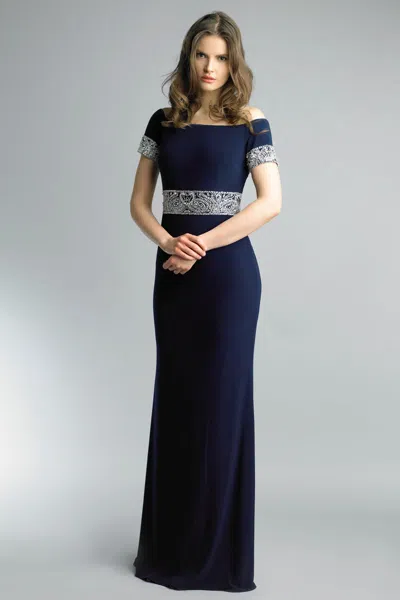 Basix Black Label Short Sleeve Off Shoulder Crystal Embellished Gown In Blue