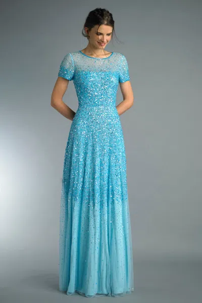Basix Black Label Short Sleeve Sequined Evening Gown In Blue