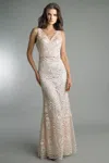 Basix Black Label Short Sleeve V Neck Embroidered Evening Dress
