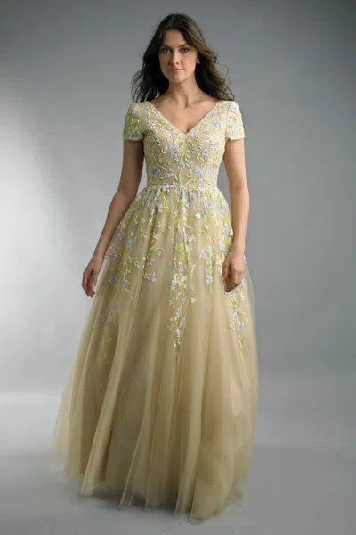 Basix Black Label Short Sleeve V Neck Gown In Yellow
