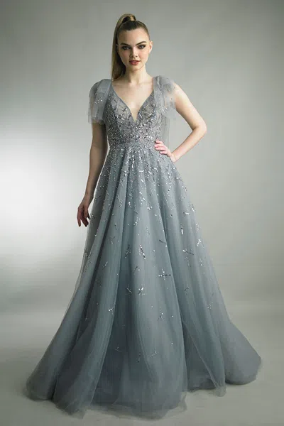 Basix Black Label Sleeveless A-line Embellished Gown In Gray