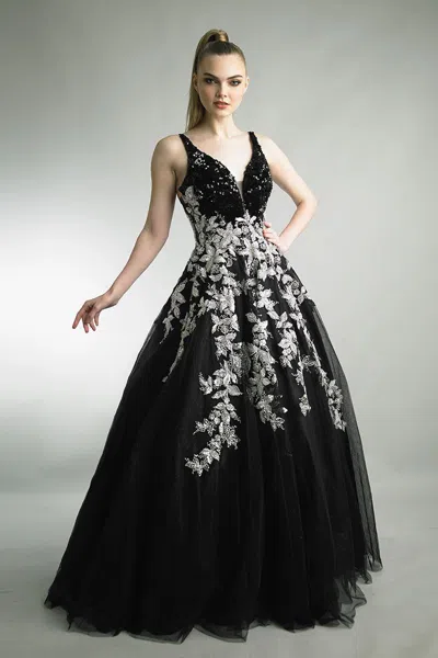 Basix Black Label Sleeveless A-line Gown With Cascading Florals In Black
