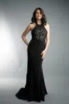 Basix Black Label Sleeveless Beaded Open Back Evening Dress In Black