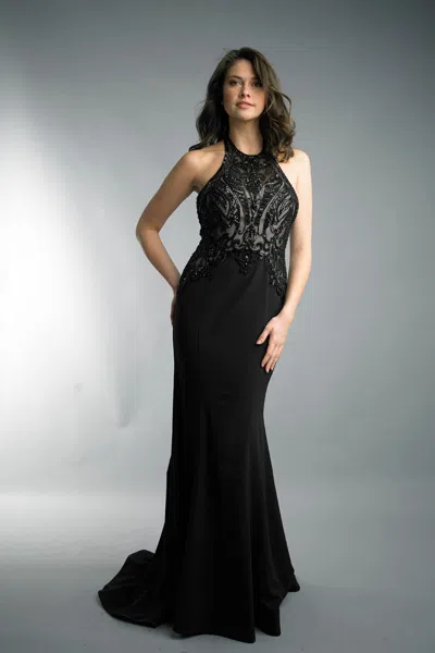 Basix Black Label Sleeveless Beaded Open Back Evening Dress In Black