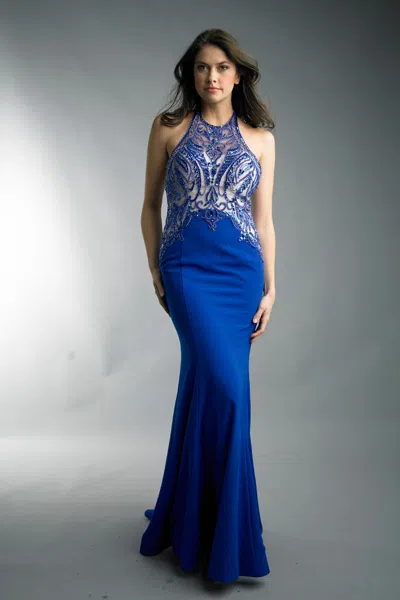 Basix Black Label Sleeveless Beaded Open Back Evening Dress In Blue