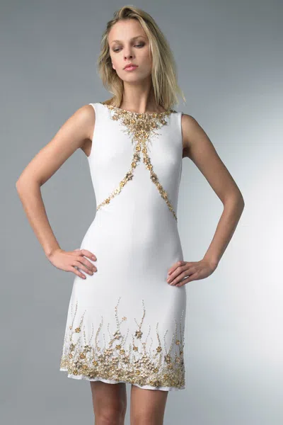 Basix Black Label Sleeveless Cocktail Dress With Metallic Gold Braid In White