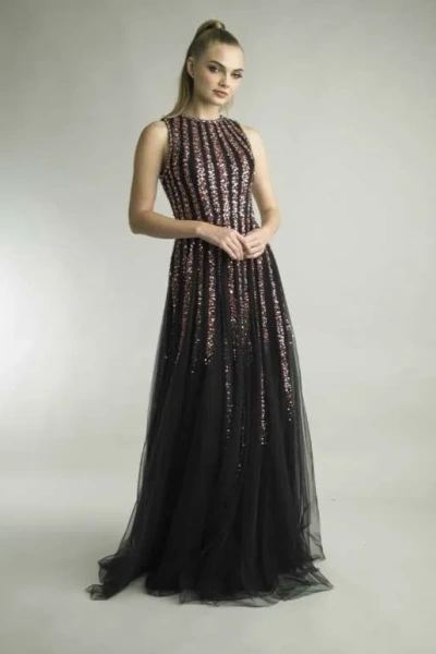 Basix Black Label Sleeveless Crystal Beaded Gown In Black