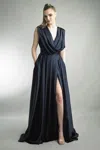 Basix Black Label Sleeveless Draped A-line Gown In Blue