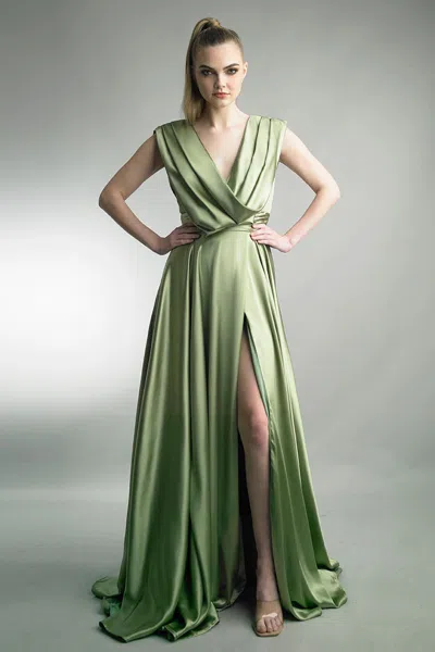Basix Black Label Sleeveless Draped A-line Gown With Pockets In Green