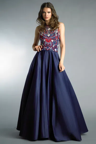Basix Black Label Sleeveless Embroidered Evening Dress In Blue