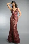 Basix Black Label Sleeveless Evening Gown With Belt In Burgundy