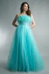 Basix Black Label Sleeveless Feather Gown With Embellished Torso In Blue