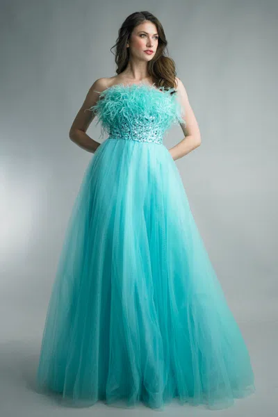 Basix Black Label Sleeveless Feather Gown With Embellished Torso In Blue