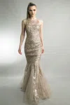 Basix Black Label Sleeveless Fit And Flare Embellished Gown In Beige