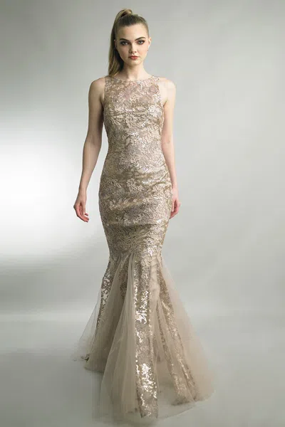 Basix Black Label Sleeveless Fit And Flare Embellished Gown In Beige