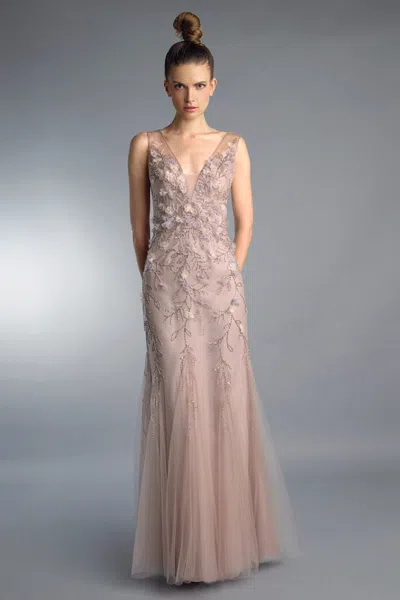 Basix Black Label Sleeveless Floral Beaded Gown In Neutral