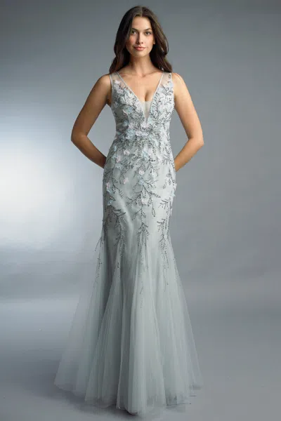 Basix Black Label Sleeveless Floral Beaded Gown In Silver