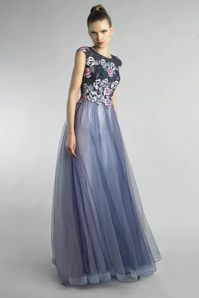 Basix Black Label Sleeveless Floral Tulle Gown In Blue