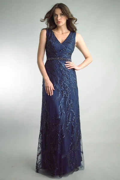 Basix Black Label Sleeveless Gown With Embellished Waist In Blue