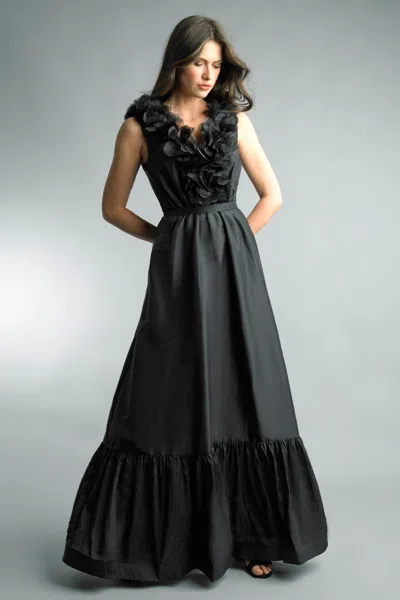 Basix Black Label Sleeveless Gown With Laser Cut Floral Motif Collar In Black