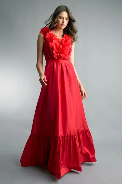 Basix Black Label Sleeveless Gown With Laser Cut Floral Motif Collar In Red